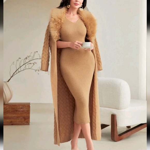 Solid Bodycon Sweater Dress & Fuzzy Trim Duster Cardigan 2 Piece Set - Picture 1 of 5